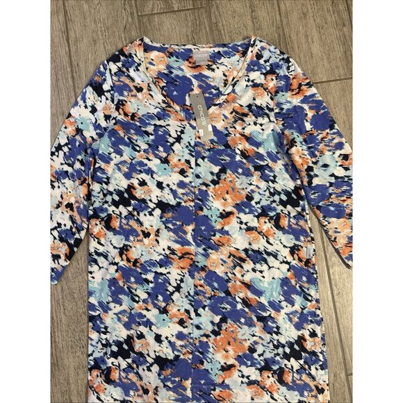 Chico's Print Top 3/4 Sleeve Blouse Comfort Casual Size 0 NWT BLUE BLACK - Picture 1 of 5